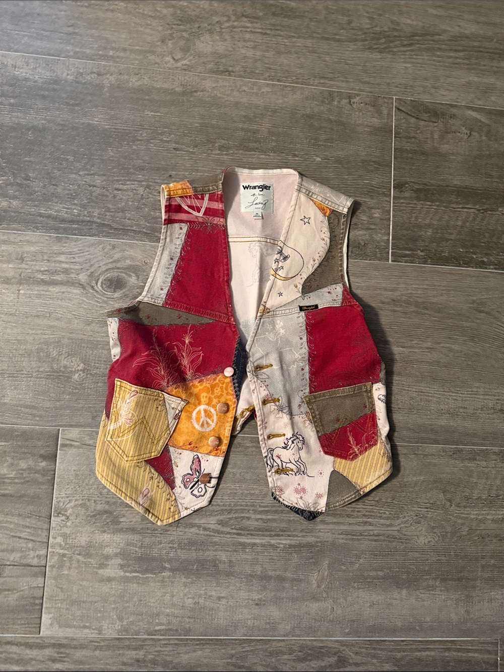 Wrangler woman’s  Patchwork Vest in Red, Yellow & Tan